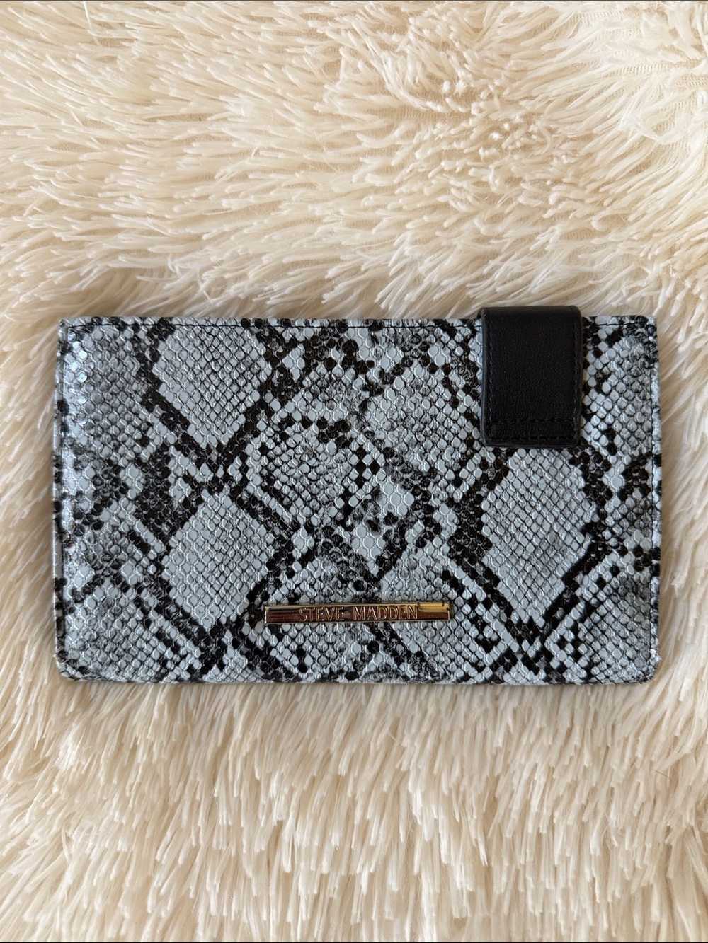 Steve Madden Black and Blue Snake-Print Snap large Wallet